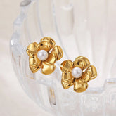 Flora Flower Stud Earrings in Gold with Faux Pearl Centre